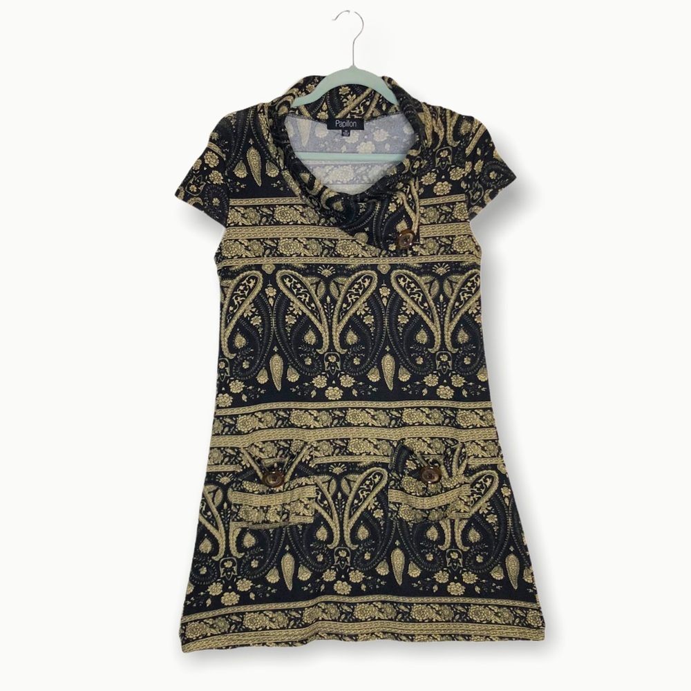 PAPILLON cap sleeve dress black and gold paisley M